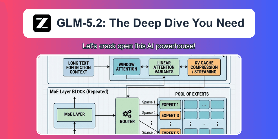 GLM-5.2 architecture diagram showing Mixture of Experts design with 1M context window support