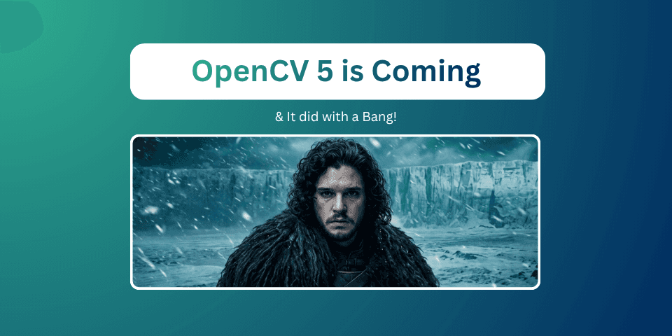 A sleek, modern design overlaying the OpenCV logo with the number 5