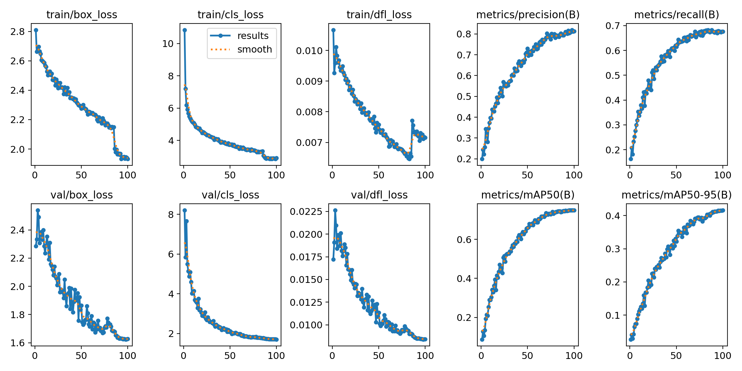 Training curves showing loss and metrics over 100 epochs