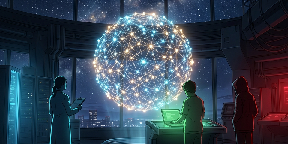Three actors around a neural network — researcher, coder, adversary